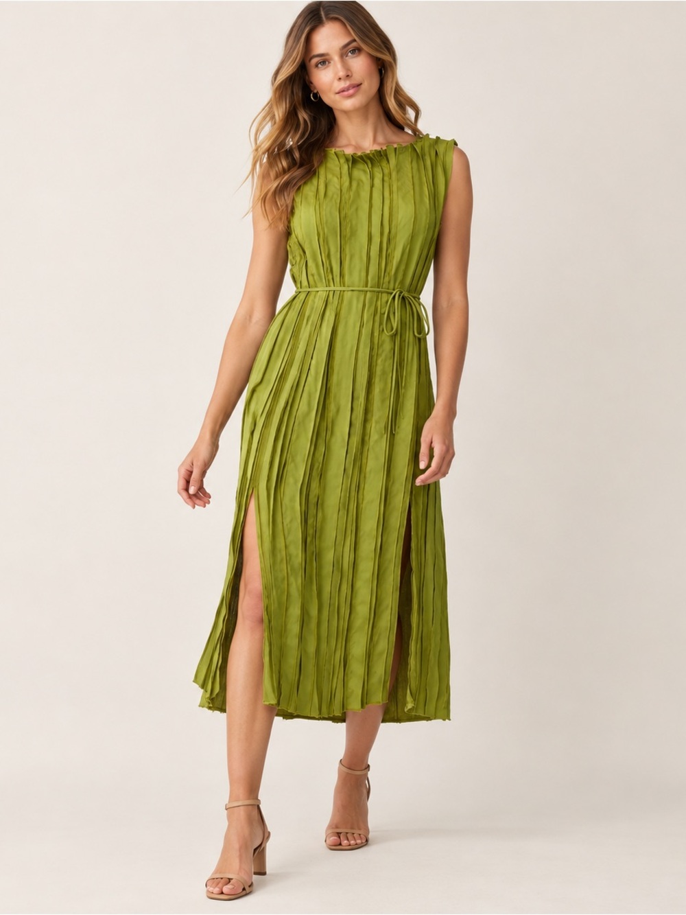 NWT Lafayette 148 Sleeveless Satin Panel Midi Dress Kiwi Medium